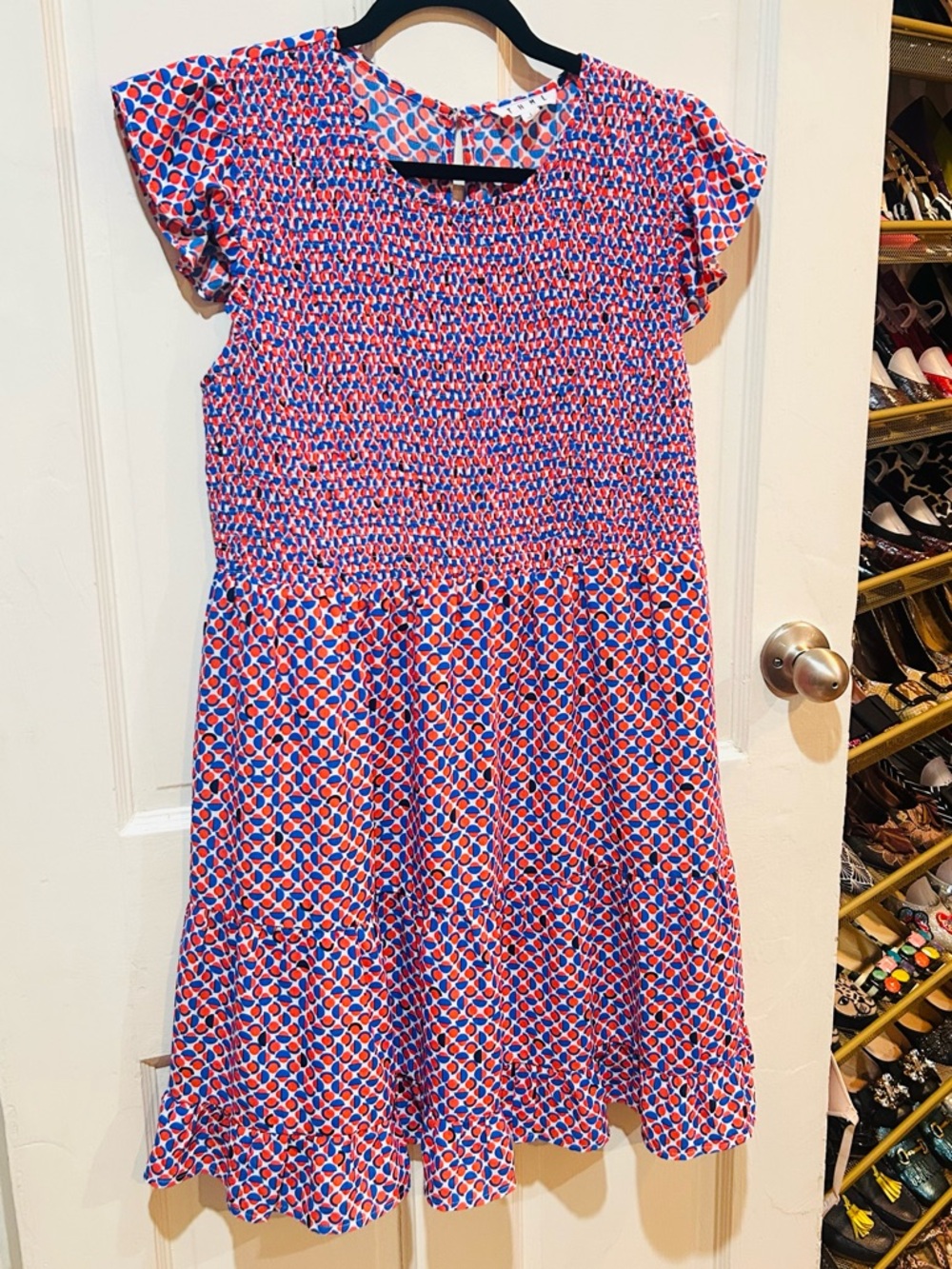 THML Smocked Red White Blue Geometric Print Summer Babydoll Dress Size L
